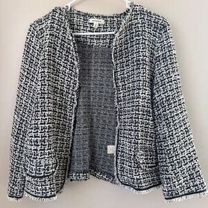 MAX STUDIO Black White Textured Tweed Open Front Blazer Size L Office Chic
